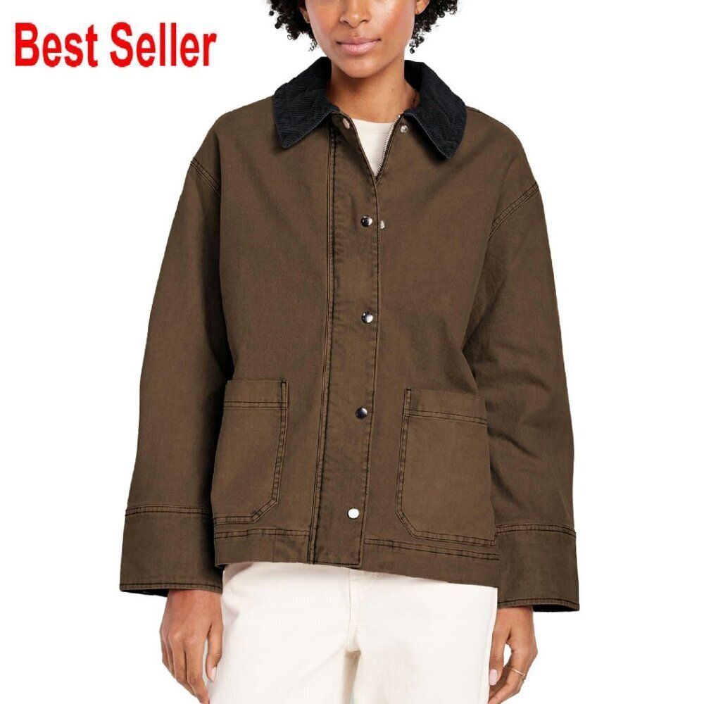 Cropped Canvas Barn Jacket Vintage Utility Coat Corduroy Collar Chic Fall